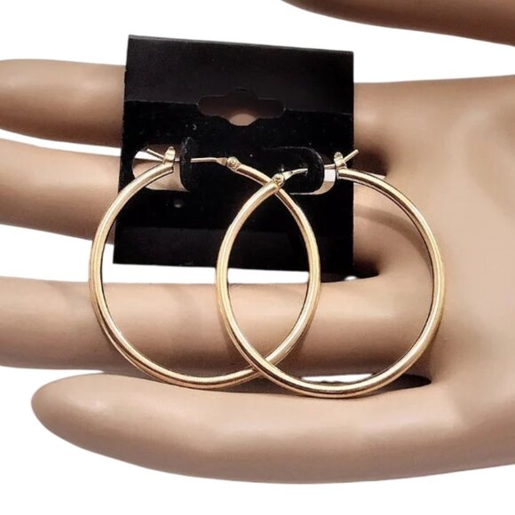 1 3/8 Inch 35mm Tube Hoop Pierced Post Earrings Gold Tone - Picture 4 of 5